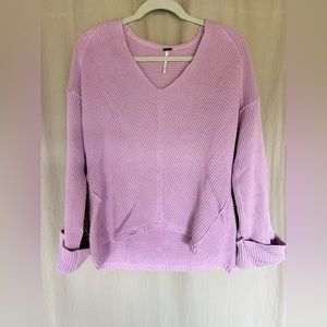 Free People Mitered Cotton Knit V-Neck Sweater with Cuffs